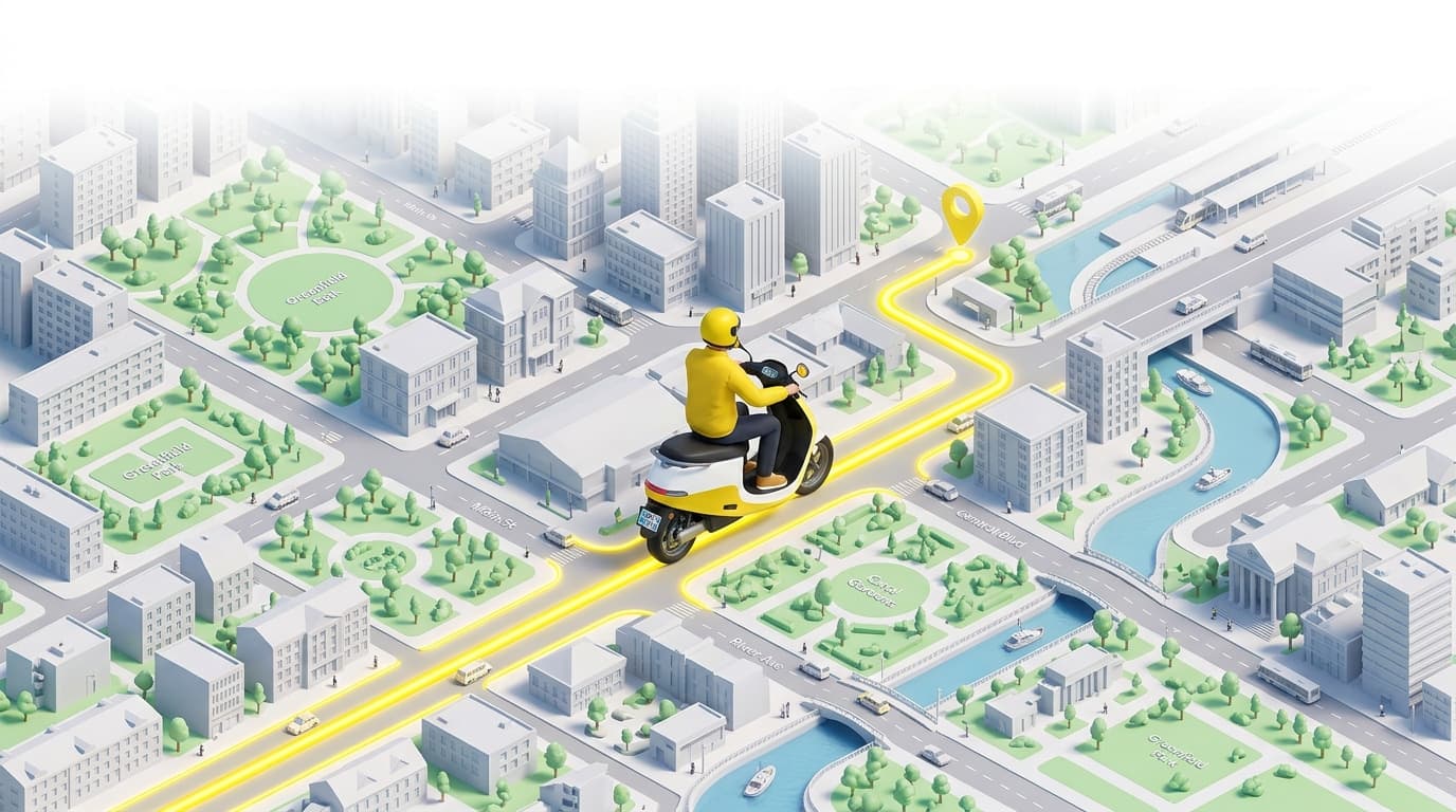 City perspective map with electric scooty ride for ShipRyd