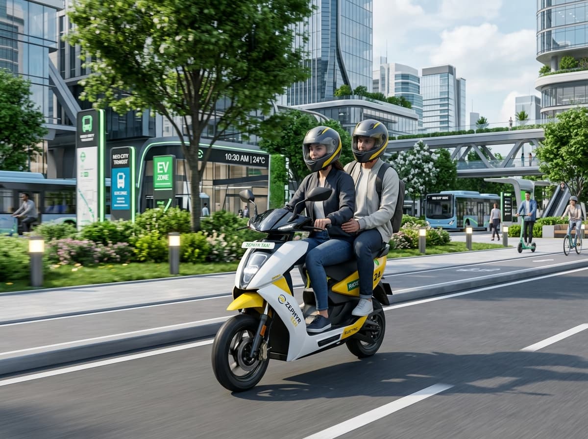 Commuters riding smart electric scooty taxi in city